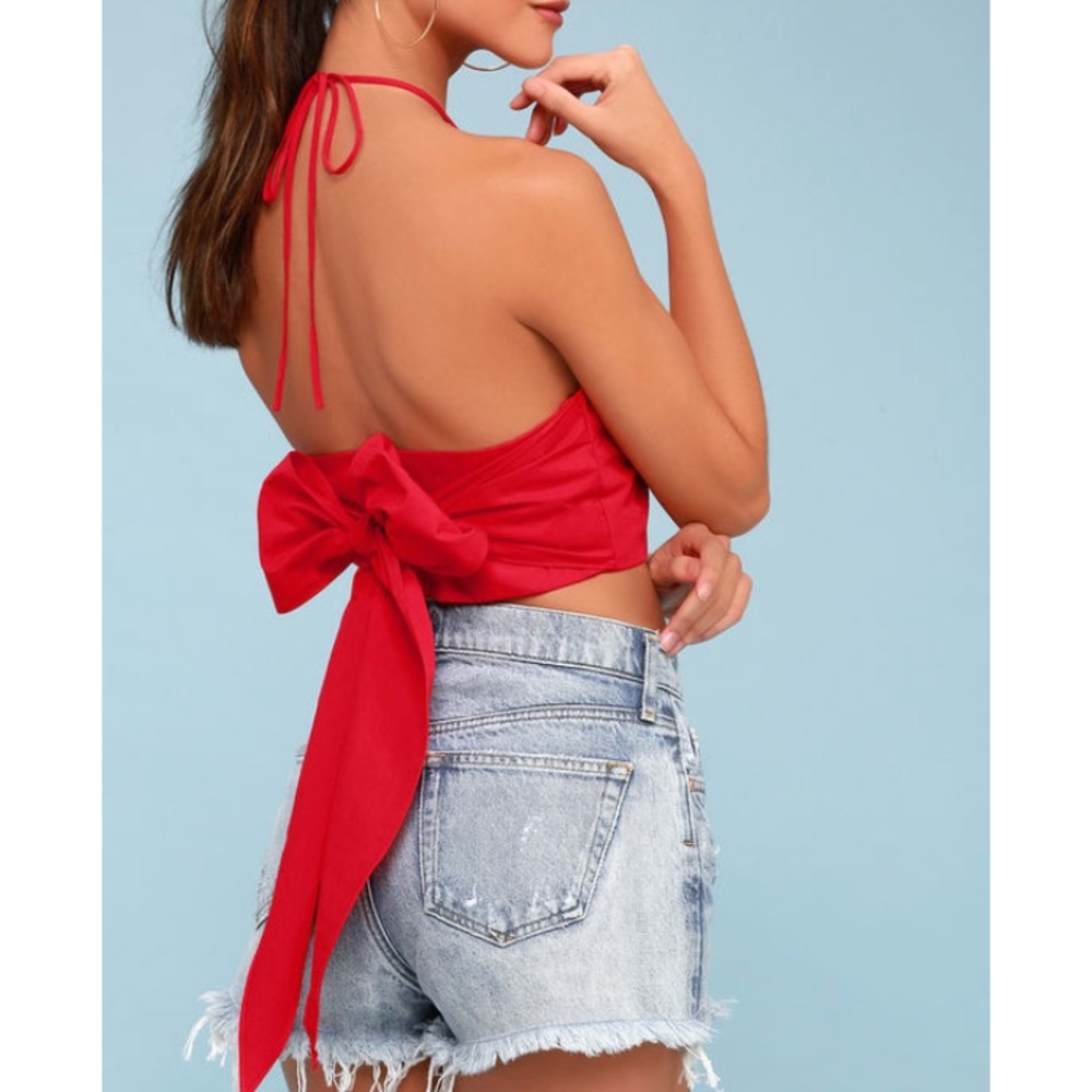 Red halter crop top with tie bow